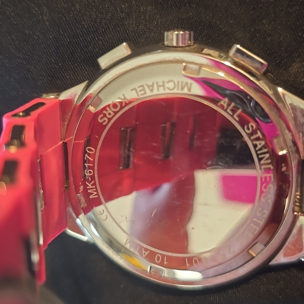 Michael Kors Vibrant Pink and Silver Chronograph Watch Silicone/ Metal Small - Picture 4 of 12